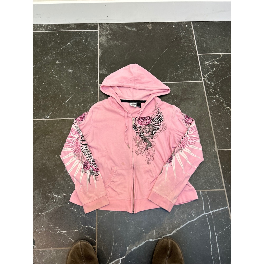 Harley-Davidson Pink Zip Hoodie with Winged Rose Graphics